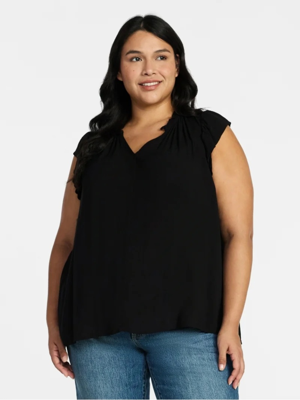 Terra & Sky Black V-Neck Cap Sleeve Blouse